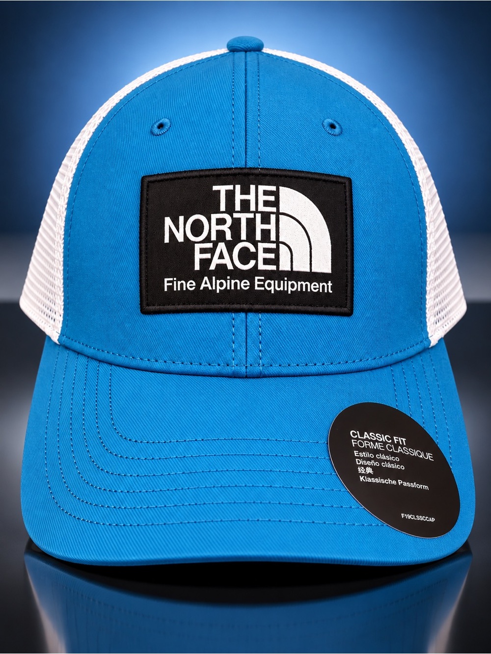 The North Face Blue and White Trucker Hat with Logo Patch
